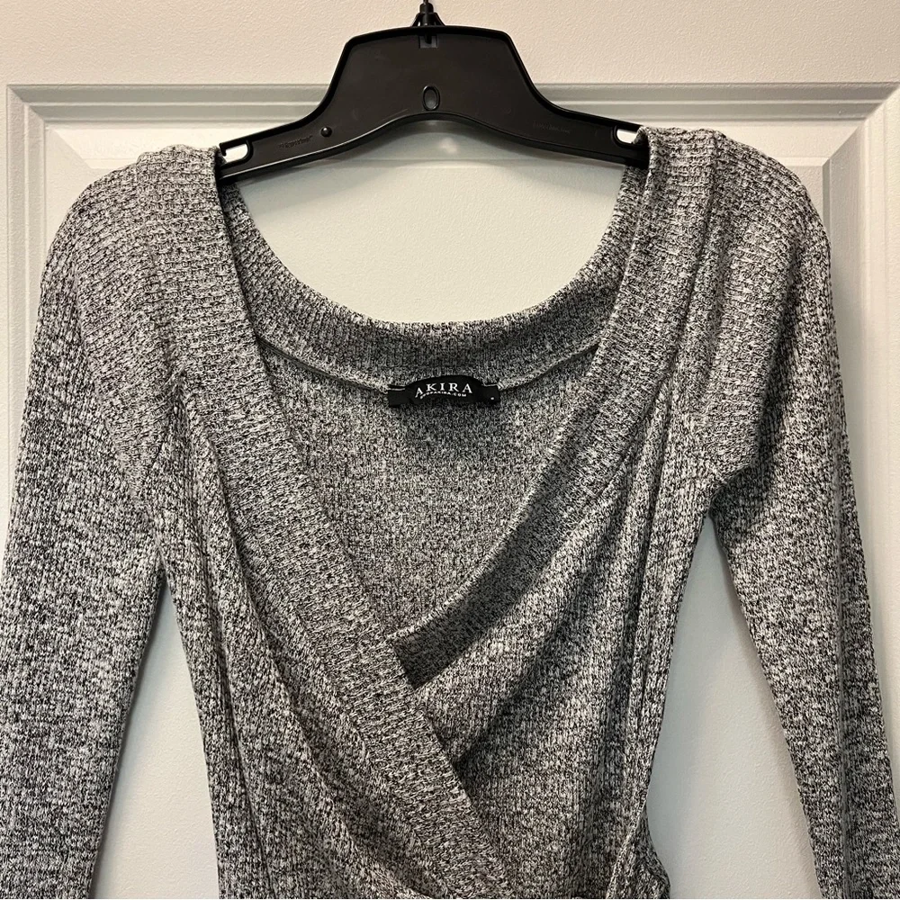 AKIRA V-Neck Tie Waist Mini Sweater Dress-Gray - Picture 4 of 8